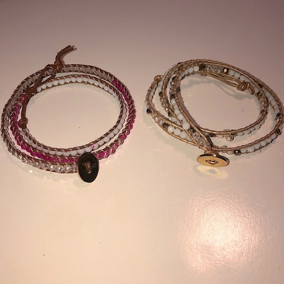 X2 Beaded Crystal Wrap Bracelets Pink Brown White Clear Crystals 22” - Picture 1 of 5